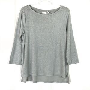 Chico's | Silver Gray Shimmery 3/4 Sleeve Top Cotton Metallic Blend Chico 2/US L